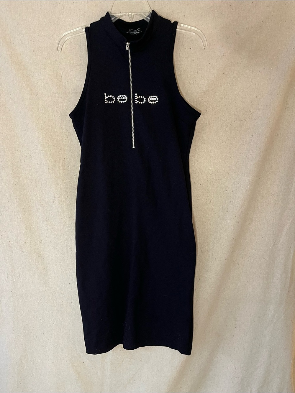 bebe Navy Sleeveless Midi Dress with Rhinestone Logo